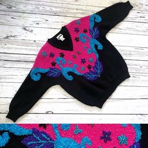 Vintage 80’s black bold filigree floral novelty pop over top sweater